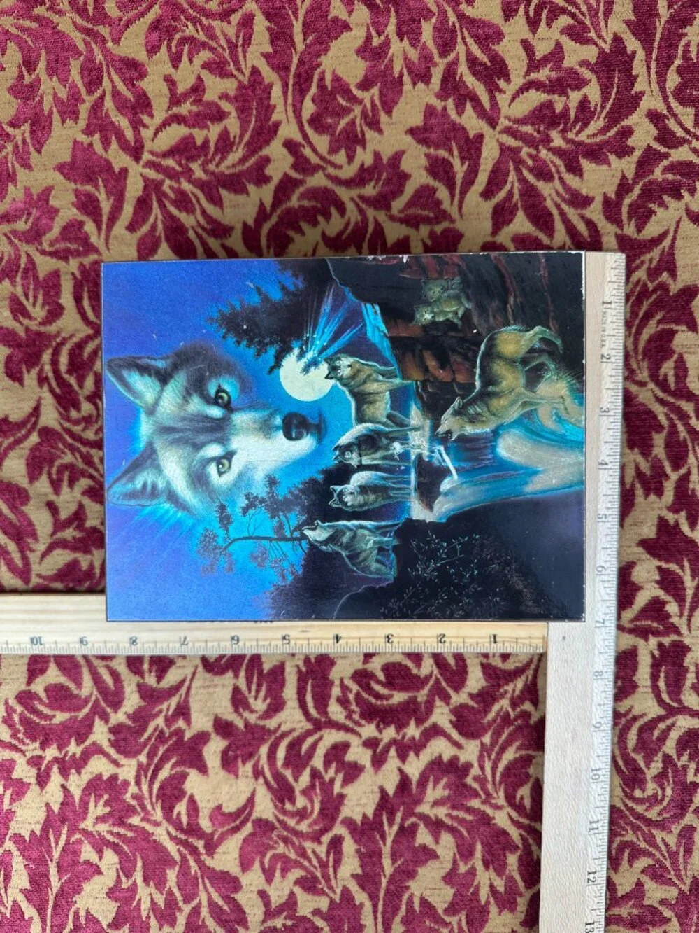 VTG Holographic Foil Howling Wolves Moon Wood Jewelry Souvenir Box Port Aransas